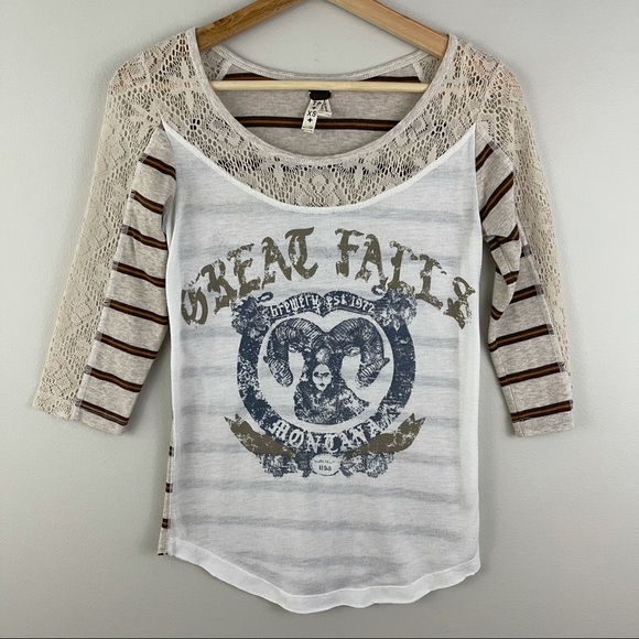 FREE PEOPLE Creme Ivory Eyelet Lace Trim Great Falls Montana Ram Graphic Top - Picture 2 of 10